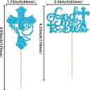 36Pcs God Bless and Cross Cupcake Toppers with Dove Glitter First Communion Baptism Cupcake Picks Decorations for Christian Baptism Theme Boys Girls Birthday Party Supplies Blue