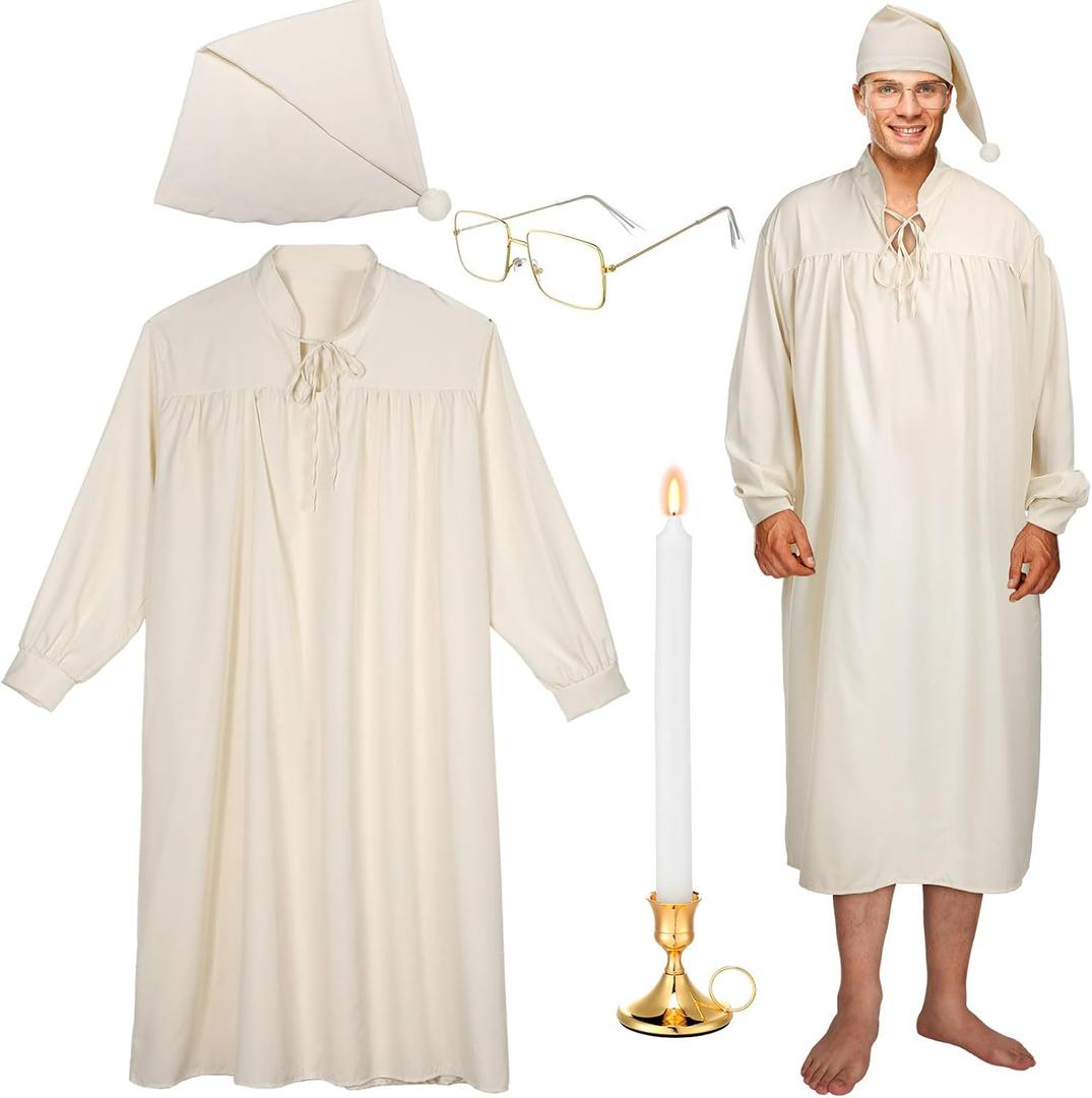 Cuffbow 5 Pcs Funny Pajama Set for Men Includes Men's Nightgown Sleeping Cap Glasses Candle Holder with Candle (X-Large, Beige)