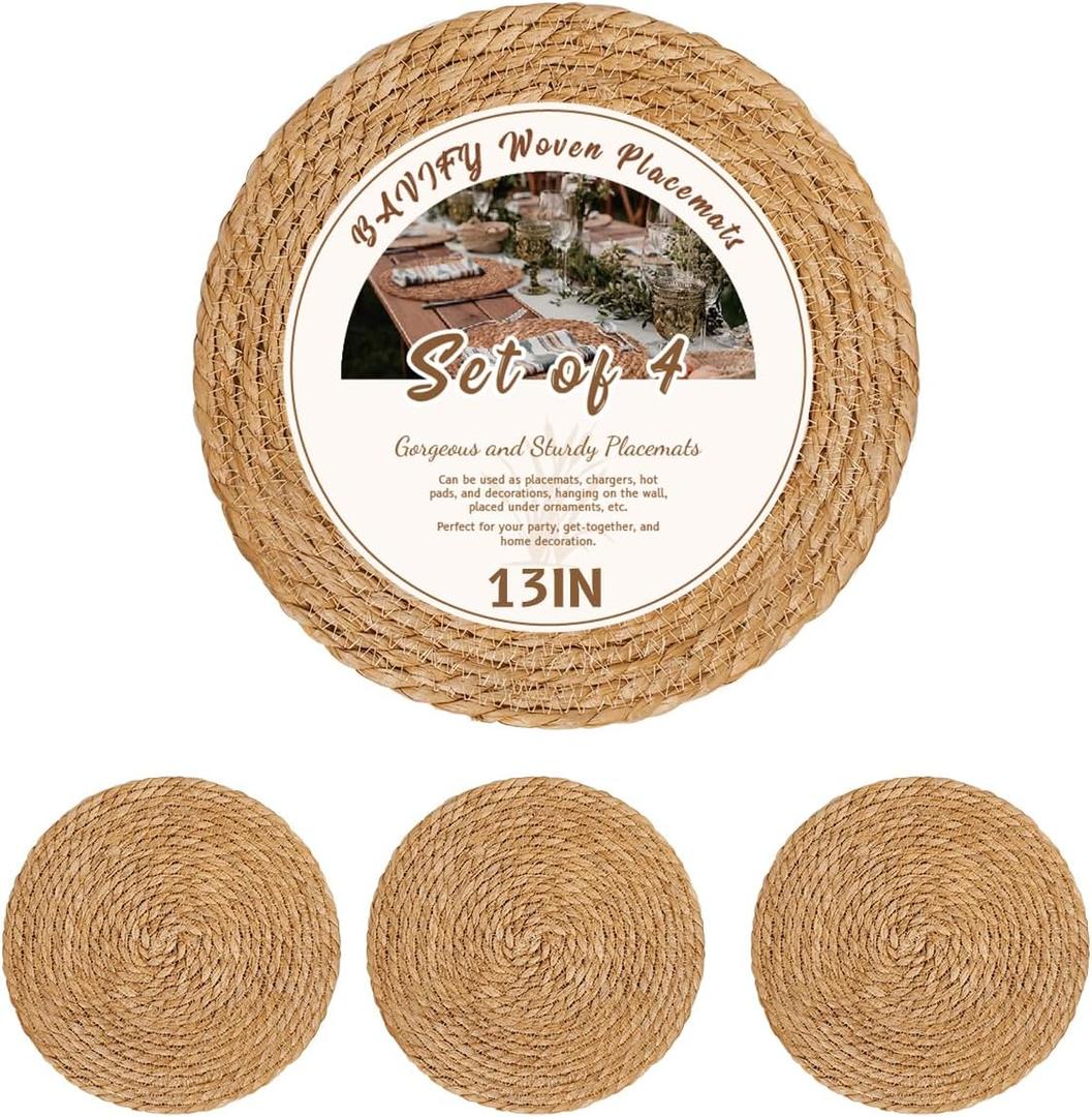 BAVIFY 13 in Round Woven Placemats Set of 4 Chargers for Dinner Plates Farmhouse Rustic Boho Table Mats for Dining Table Decor Wicker Straw Braided Place Mats