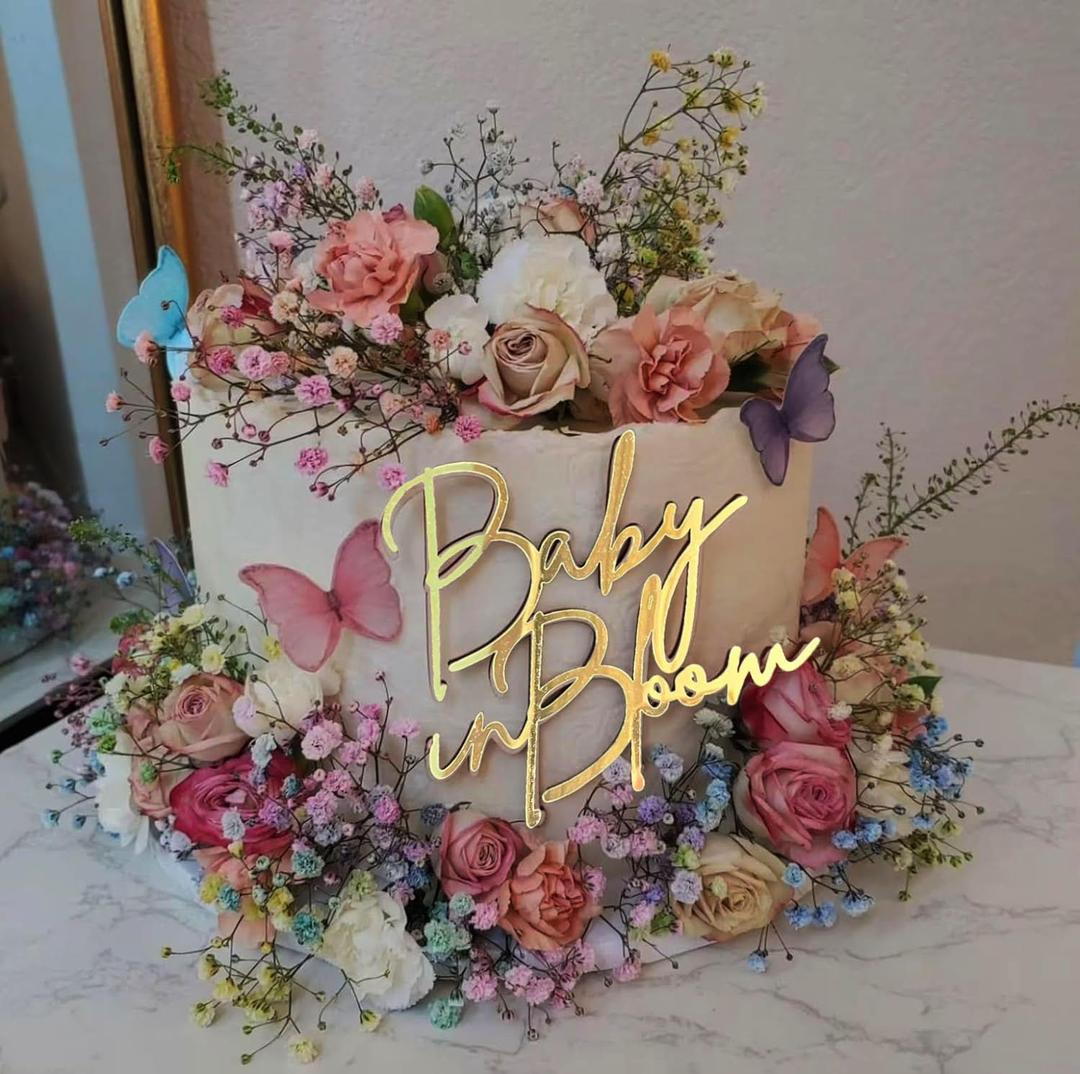 Baby in Bloom Gold Cake Topper,Acrylic Baby shower Cake Side Decorations, Gender Reveal Pregnancy Announcement/Birth Announcement/Welcome Baby Decorative Party Supplies