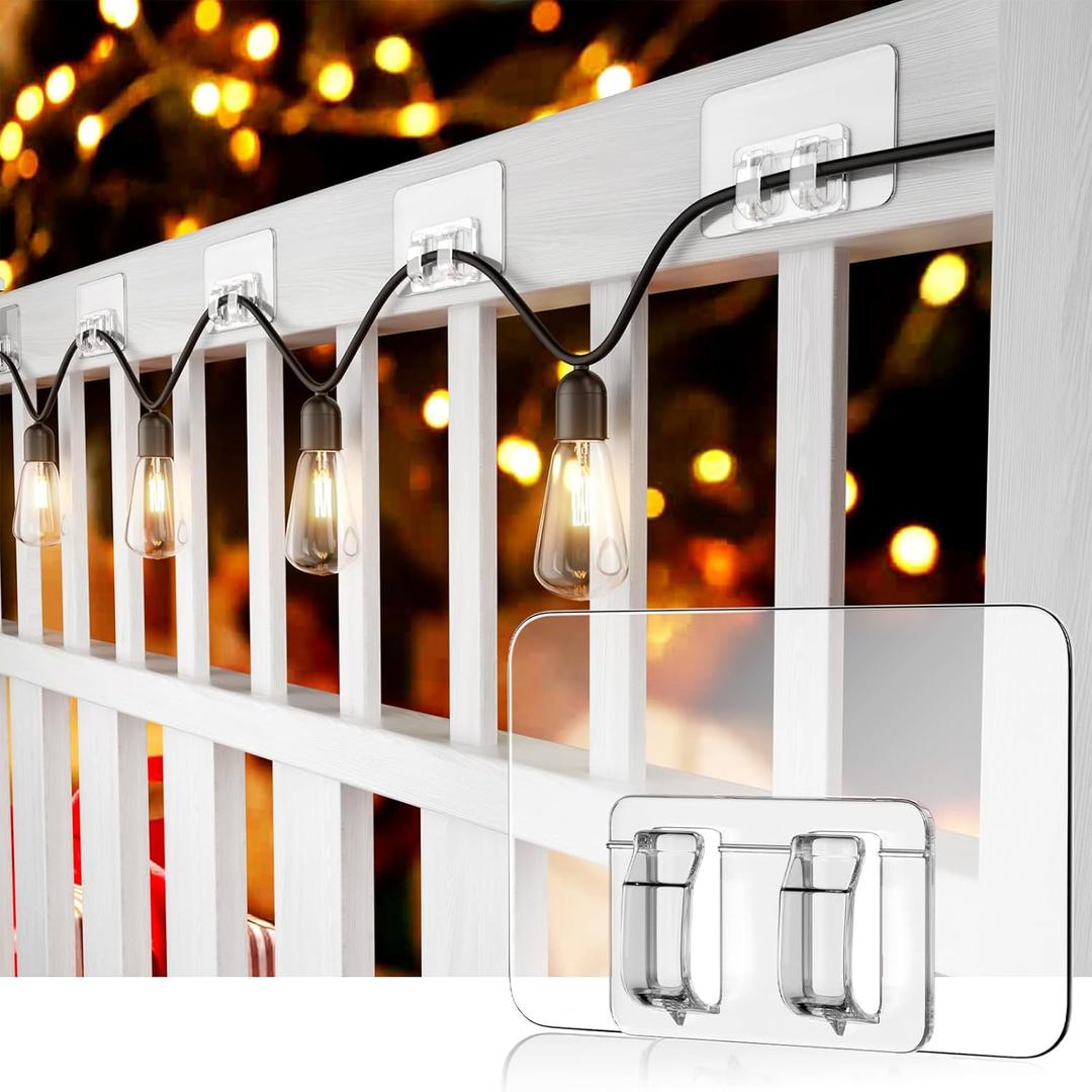 30Pcs Hooks for Outdoor String Lights Clips, Heavy Duty Adhesive Light Hooks for Hanging Christmas Light,Weather Resistant Outside UV-Resistant Waterproof, No Tools, Clear,Outdoor Christmas Dcor