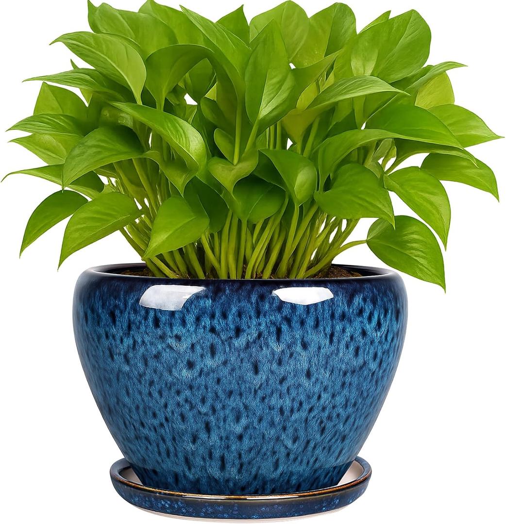 Deep Dream 6 Inch Plant Pots- Ceramic Planter Pot with Drainage Hole and Saucer, Round Flower Pot for Indoor Outdoor Succulent, Snake Plants and Cactus, Blue