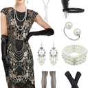 Women's 1920s Cap Sleeve Great Gatsby Sequin Art Deco Flapper Fringed Cocktail Dress w/Accessories Set (X-Large, Black Gold)