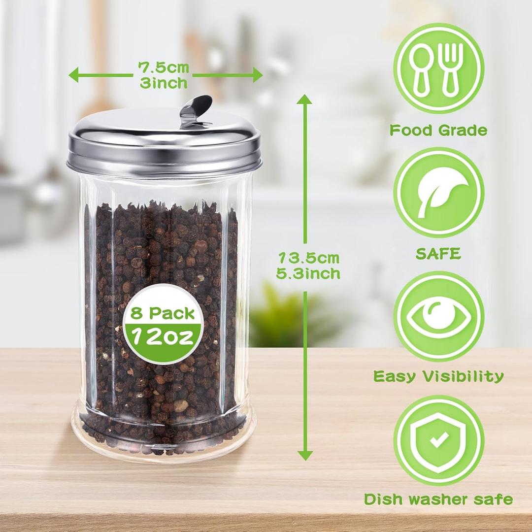 Mimorou 5 Pcs Glass Sugar Shaker Pourer Dispenser 12 oz Retro Style Sugar Pour Dispenser Container Vintage Glass Jar with Stainless Steel Lid for Coffee Bar