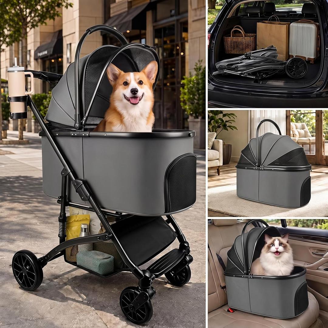 Pet Stroller for Small & Medium Pets, 3-in-1 Dog Stroller with Detachable Carrier & Car Seat, 50 lbs Capacity for 1 Medium or 2 Small Pets, Aluminum Frame, Spring Damping System, Dual Brake, Grey