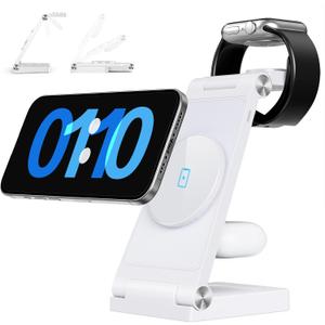 2025 Traveling Wireless Mag-Safe Fast Charging Station,Magnetic 3 in 1 Charger with Light for iPhone 16 15 14 13 12 Pro Max Plus,Apple Watch Series & Air pods 4 3 2 Pro-Gifts for Wife & Husband (White)