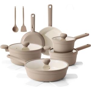 SENSARTE Ceramic Nonstick Pots and Pans Set 17pcs, Healthy Induction Cookware Set, Nontoxic Kitchen Cooking Set with Skillets & Saucepans, Stay-cool Handles, PFAS PTFE PFOA PFOS Free,Taupe (Almond Beige)