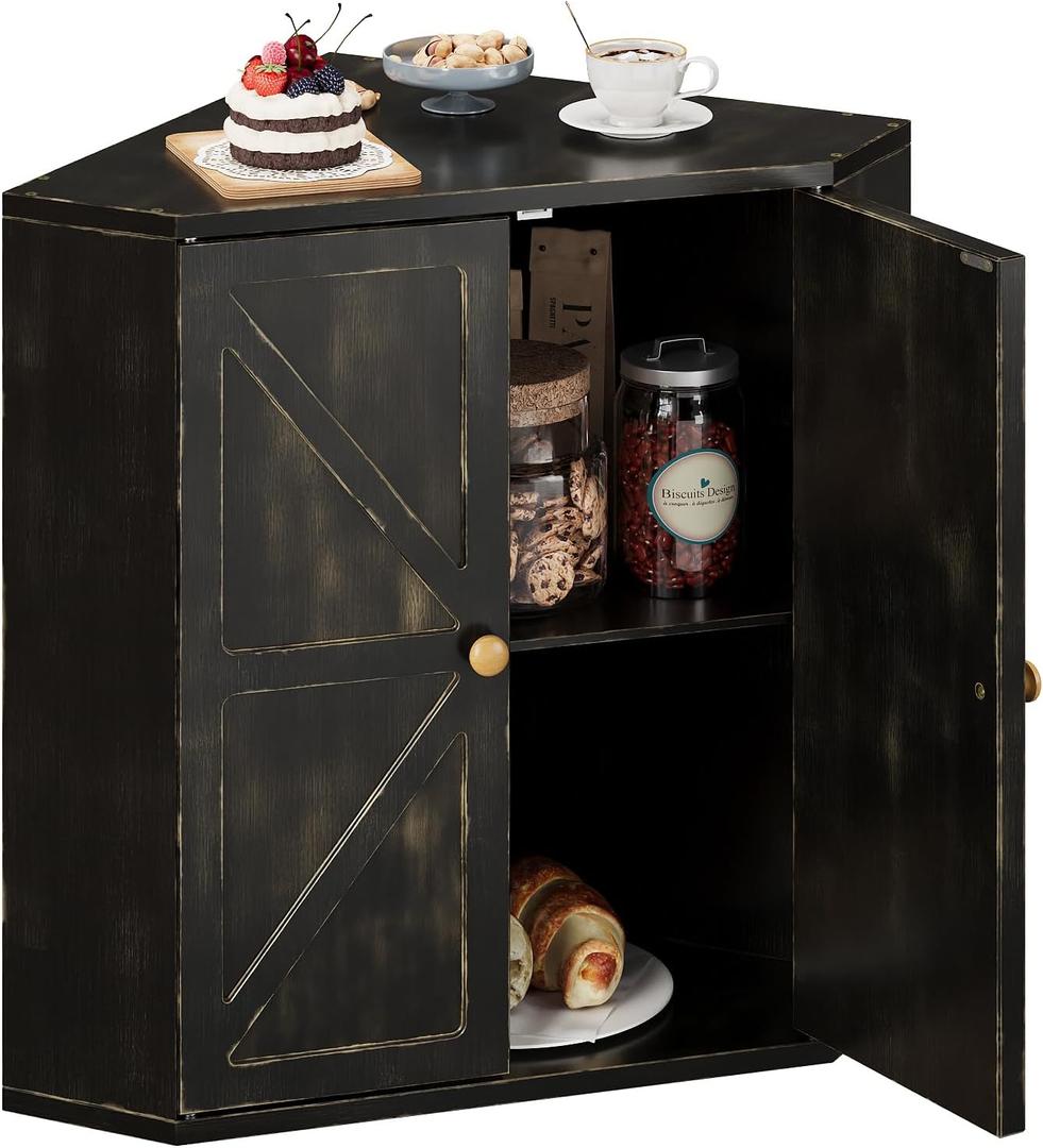 Corner Bread Box for Kitchen Counter Double Layer Bamboo Bread Storage Container Large Capacity Bread Storage Bin Farmhouse Breadbox Organizer (Antique Black)