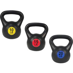 Wide Grip 3-Piece Kettlebell Exercise Fitness Weight Set, Include 5 lbs, 10 lbs, 15 lbs and 20 lbs, Set of 3 or Set of 4