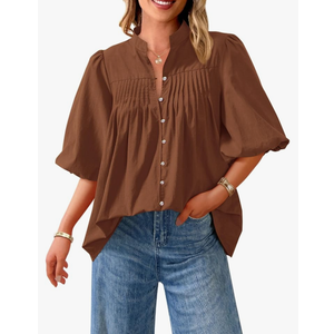 PRETTYGARDEN Women's 2025 Summer Short Lantern Sleeve Tops Loose Fit Button Down Shirt Pleated V Neck Blouses Trendy Clothes, Size XL