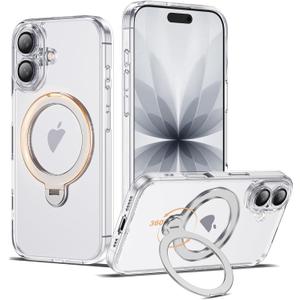 Compatible with iPhone 17 Case with 360 Spin Magnetic Ring Stand [Compatible with Mag-Safe] Full Camera Lens Protector Plating Clear Phone Case for iPhone 17 6.3", Clear
