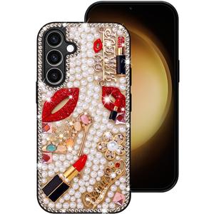 Erolagomat Bling Case for Samsung Galaxy S25,Shiny Luxury Designer Phone Case with Glitter Sparkle Diamond Crystal Rhinestone Lips Lipstick Pearl Flowers High HeelsSoft Bumper Cover for Women Girl