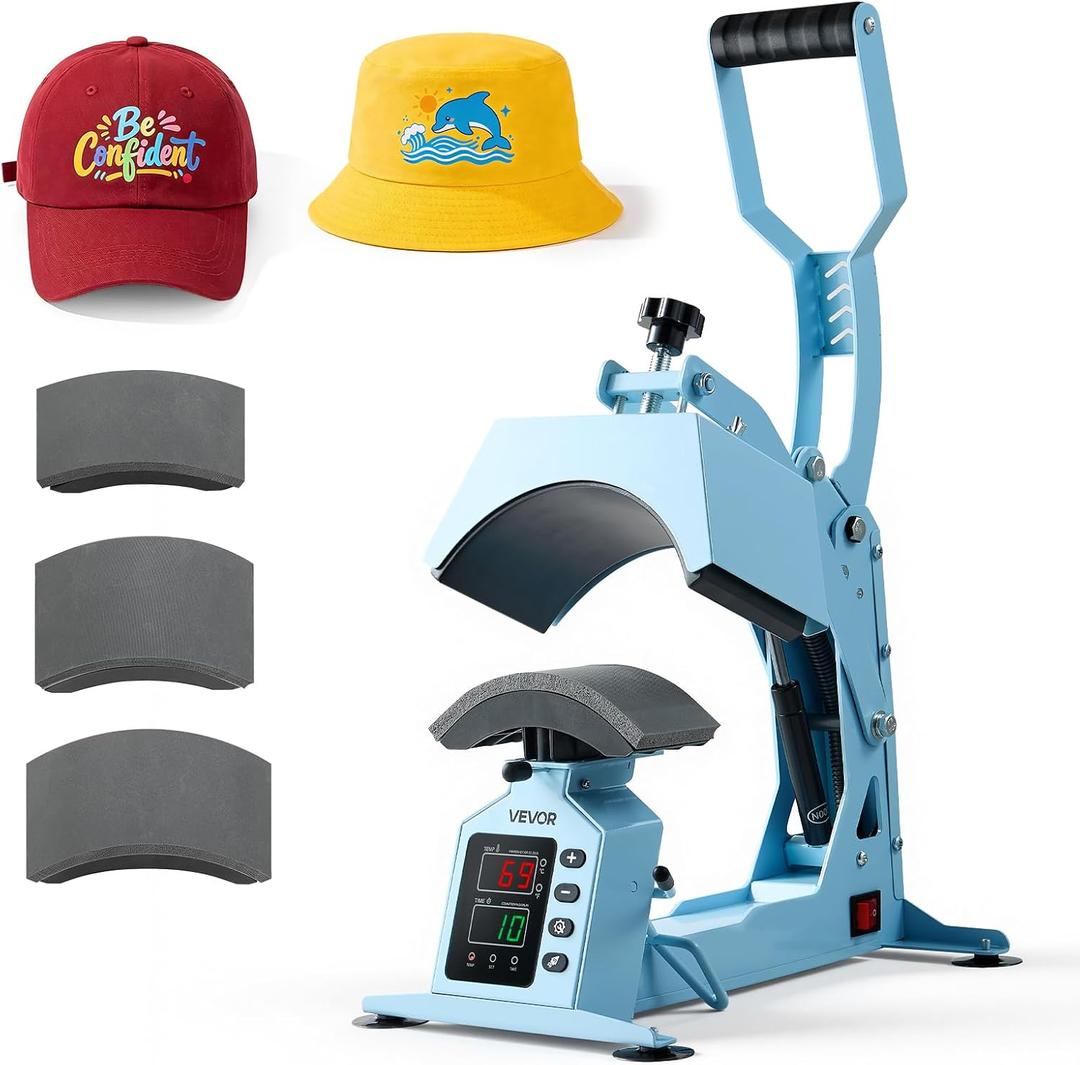VEVOR Hat Heat Press Machine, with 4 Interchangeable Platens and Caps Stretcher, Precise Temperature & Time Control, Heat Press for Hats and Caps, for HTV Iron On and Sublimation Projects, Light Blue