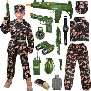 Kids Army Costume for Boys, Boys Military Soldier Costume with Army Toys, Halloween Costumes Dress Up Role Play Set (Large)