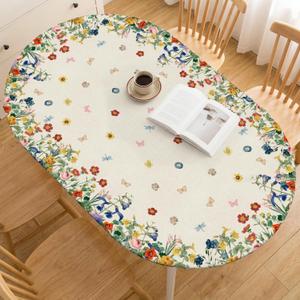 Horaldaily Spring Fitted Tablecloth 68 x 48 Inch Oval, Spring Vintage Floral Flowers Washable Table Cover Elastic Edged for Dinning, Picnic, Camping, Banquet