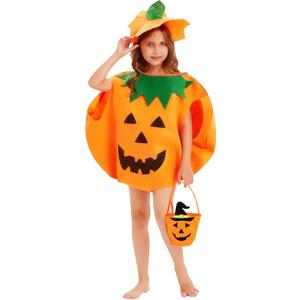 Halloween Kids Pumpkin Costume Set with Poncho, Hat and Treat Bag for Toddler Kids Youth (Orange)