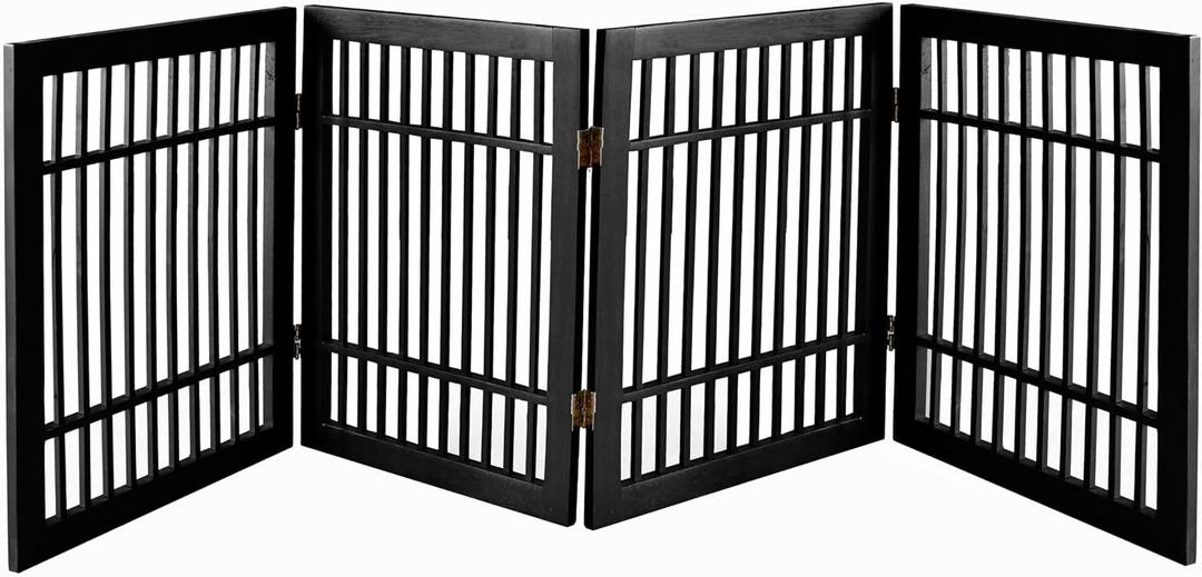 Urnporium Pet Dog Gate Freestanding, Strong Durable Folding Wooden Fence, Portable Acacia Hardwood Safety Barrier for Indoor & Outdoor Use (Black Pet Gate, 4 Panel 24" Tall)