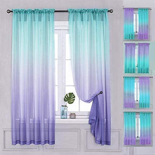 Yancorp Semi Bedroom Curtains 63 inch Length Sheer Rod Pocket Curtain Linen Teal Turquoise Purple Ombre Girls Living Room Mermaid, 1 Panel(Turquoise Purple, 40"x63")