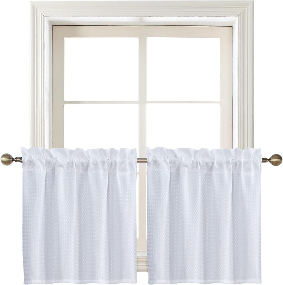 Home Queen White Water Resistant Bathroom Window Curtain, Waffle Textured Half Tier Curtains for Kitchen Cafe, 28" W X 24" L Inches, Set of 2