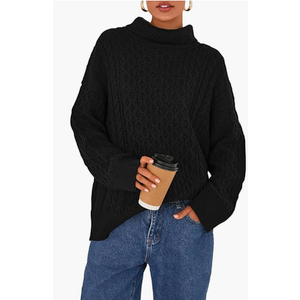 BTFBM Casual Women Fall Sweaters 2025 Long Sleeve Turtleneck Ribbed Knit Pullover Loose Cable Knit Sweater (Medium, Black)