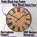 Large Wall Clock 24" Round - Silent Metal & Wood Large Farmhouse Wall Clock For Living Room Decor with 3D Roman Numerals - No Ticking - Noiseless Big Wood Decorative Clocks for Living Room Decor