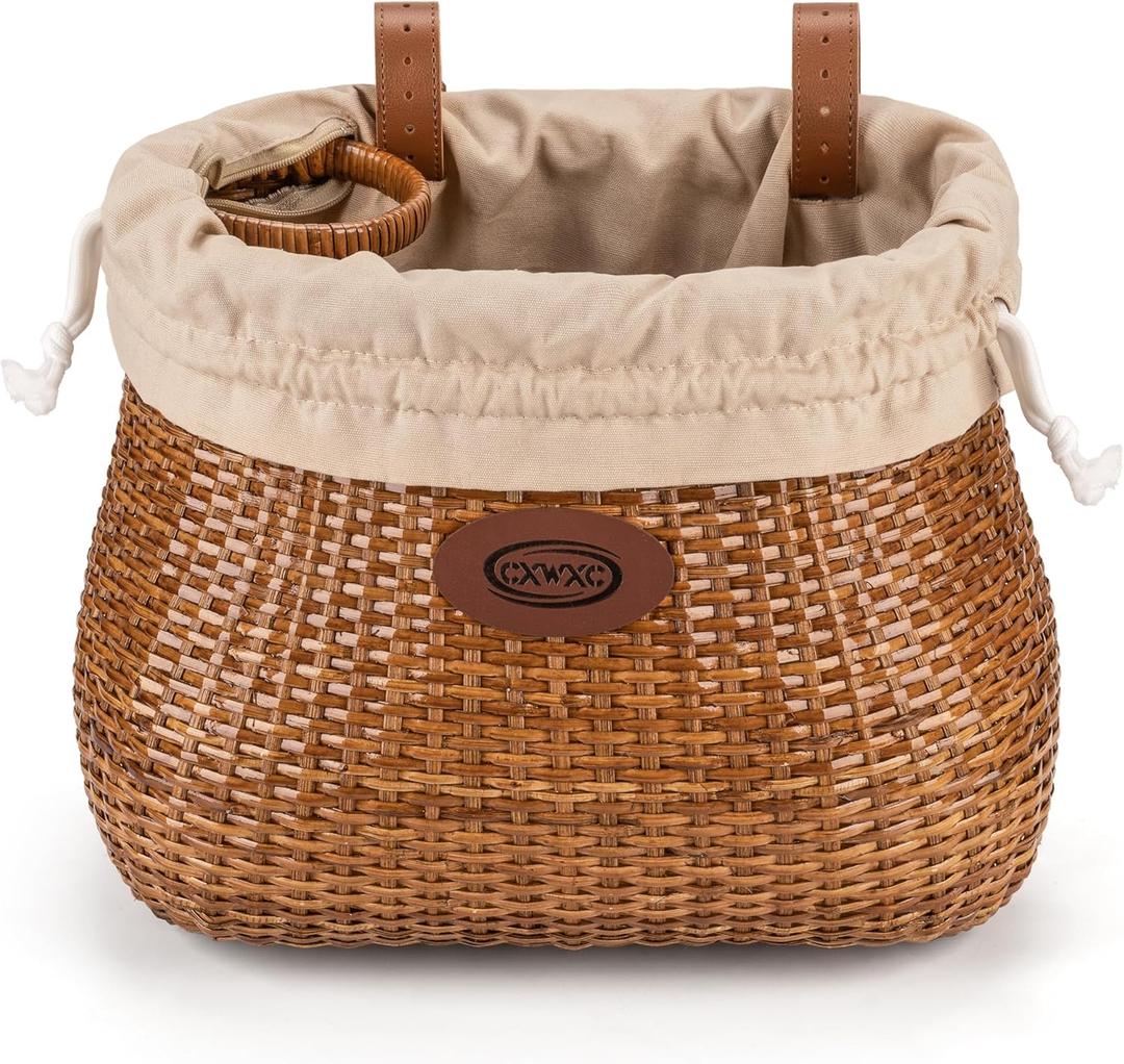 CXWXC Bike Basket - Handmade Rattan Bike Baskets for Girls Women - Front Bicycle Bike Basket with Coffee Cup Holder for Beach Cruiser, Scooter, Ebike