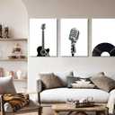 Black And White Music Canvas Wall Art Vintage Musical Instruments Posters Prints Guitar Microphone Record Painting Pictures for Music Room Wall Decor Musical Studio Decor Living Room Framed, 24"L x 16"W