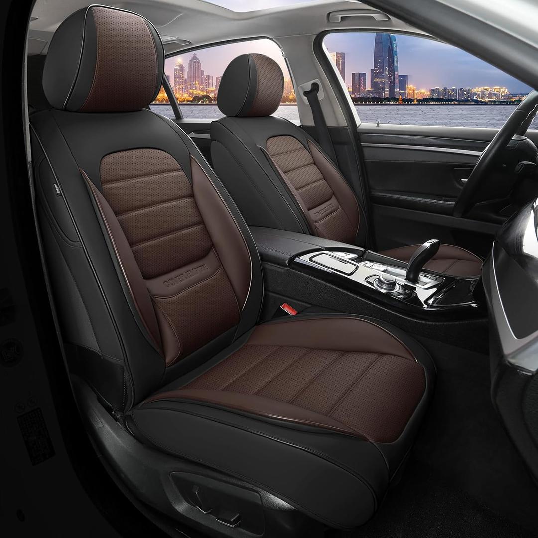 Car Seat Covers Full Set, 5 Seats Universal Leather Seat Covers for Cars, Waterproof Front and Rear Seat Cover, Breathable Automotive Seat Cover for Most Sedans, Trucks, SUVs, Black & Brown