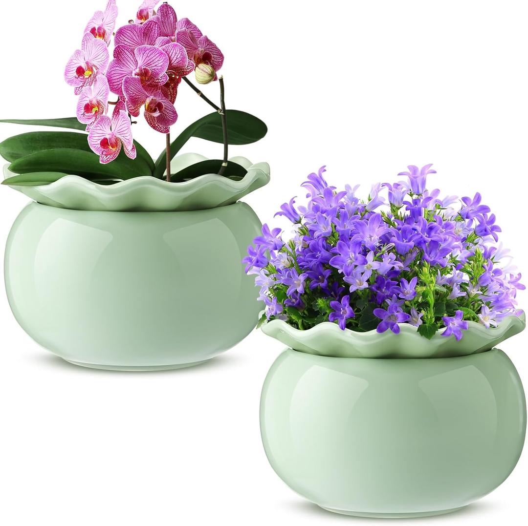 Suclain 2 Pack Ceramic African Violet Pots Self Watering Plant Pot Effortless Self Watering Plant Flower for Busy Lovers, Indoor(Green,6 Inch)