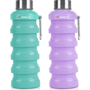JaneJu Collapsible Water Bottle, 17oz BPA Free Silicone Reusable Portable Lightweight Foldable Water Bottles with Carabiner, Portable Leak Proof Sports Water Bottle (green&purple)