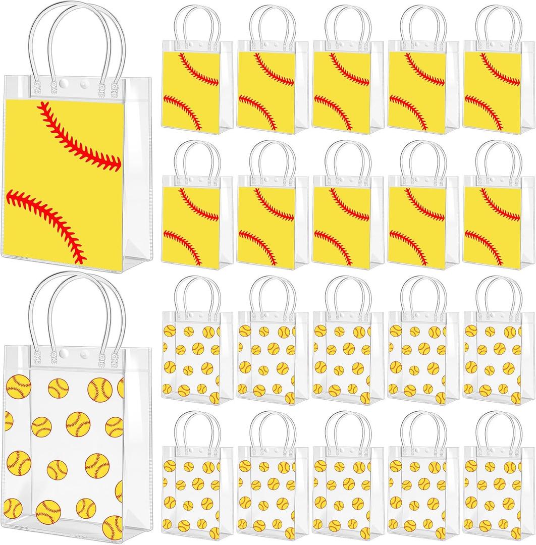Kosiz 24 Pcs Softball PVC Goodie Bags with Handles Softball Clear Snack Bags Gift Tote Bag Candy Treat Party Favor Bulk for Team Gifts Birthday Decorations Supplies, 9.06 x 6.69 x 2.76 Inch