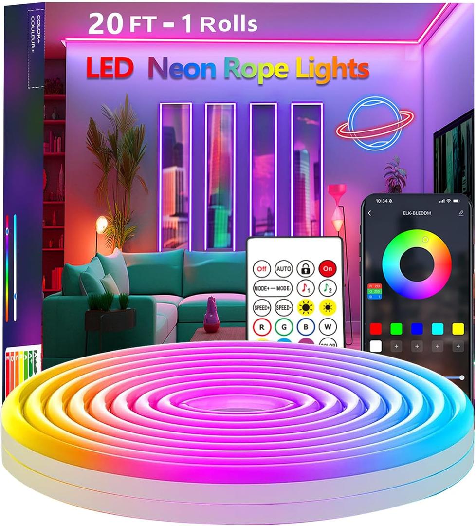 20Ft Neon Rope Lights,Flexible Led Rope Lights Control with App/Remote,Multiple Modes Rope Lights,IP65 Outdoor Waterproof,Music Sync Light Strip for Bedroom
