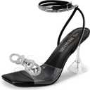 DREAM PAIRS Stiletto Bow Heels for Women Strappy Sparkly Rhinestone Square Toe Clear Crystal High Sandals for Party Wedding (10, Black-pu)