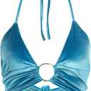 Women Halter Backless Camis Streetwear Club Patchwork Camisole (Blue, M)