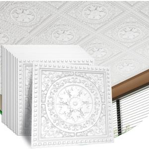24 PCS 2x2 FT Luxury Carved Circle Decorative Ceiling Tiles, 24x24 Inch 3D Modern Minimalist Ceiling Panels, PVC Waterproof Cuttable Material Ideal for Living Room Bedroom Cover 96 Sq.Ft