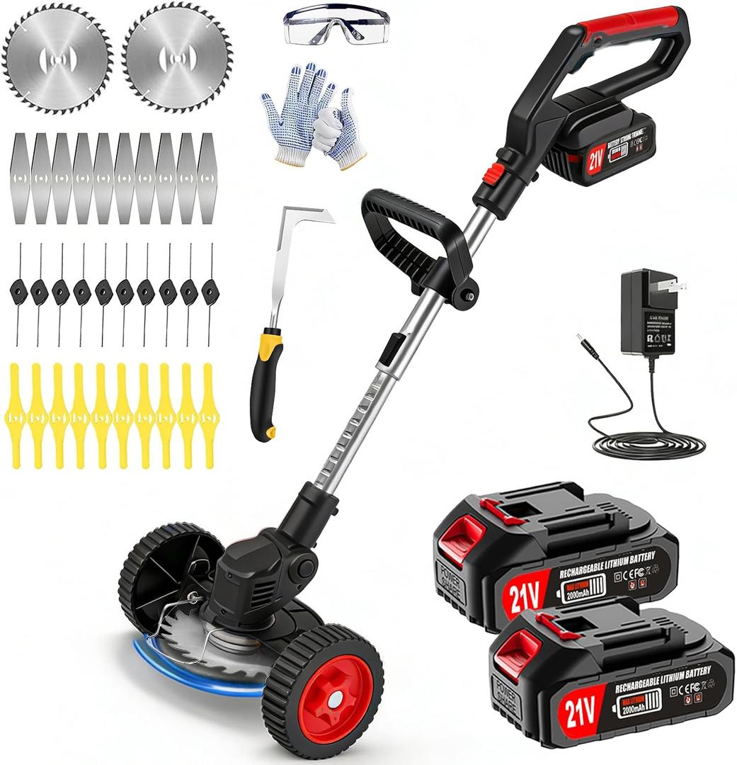 21V Electric Cordless Weed Wacker, 4 in 1 Battery Powered Weed Eater Grass Trimmer/Brush Cutter/Weed Trimmer/Edger with 2 Batteries, 4 Types Blades & Wheels, Adjustable String Trimmer for Yard Garden, 35 inches