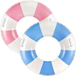Classic Striped Pool Floats with Handle Inflatable Blue & White Stripes Tubes for Floating Large Swim Rings for Adult Summer Holiday Beach Bachelorette Party (Blue&Pink-36")