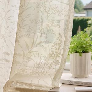 Anmao Taupe Semi Sheer Light Filtering Curtains 84 Inches Long 2 Panels, Leaf Pattern Drapes for Living Room Bedroom, Rod Pocket Sheer Window Treatments with Floral Design, 52x84 Inch