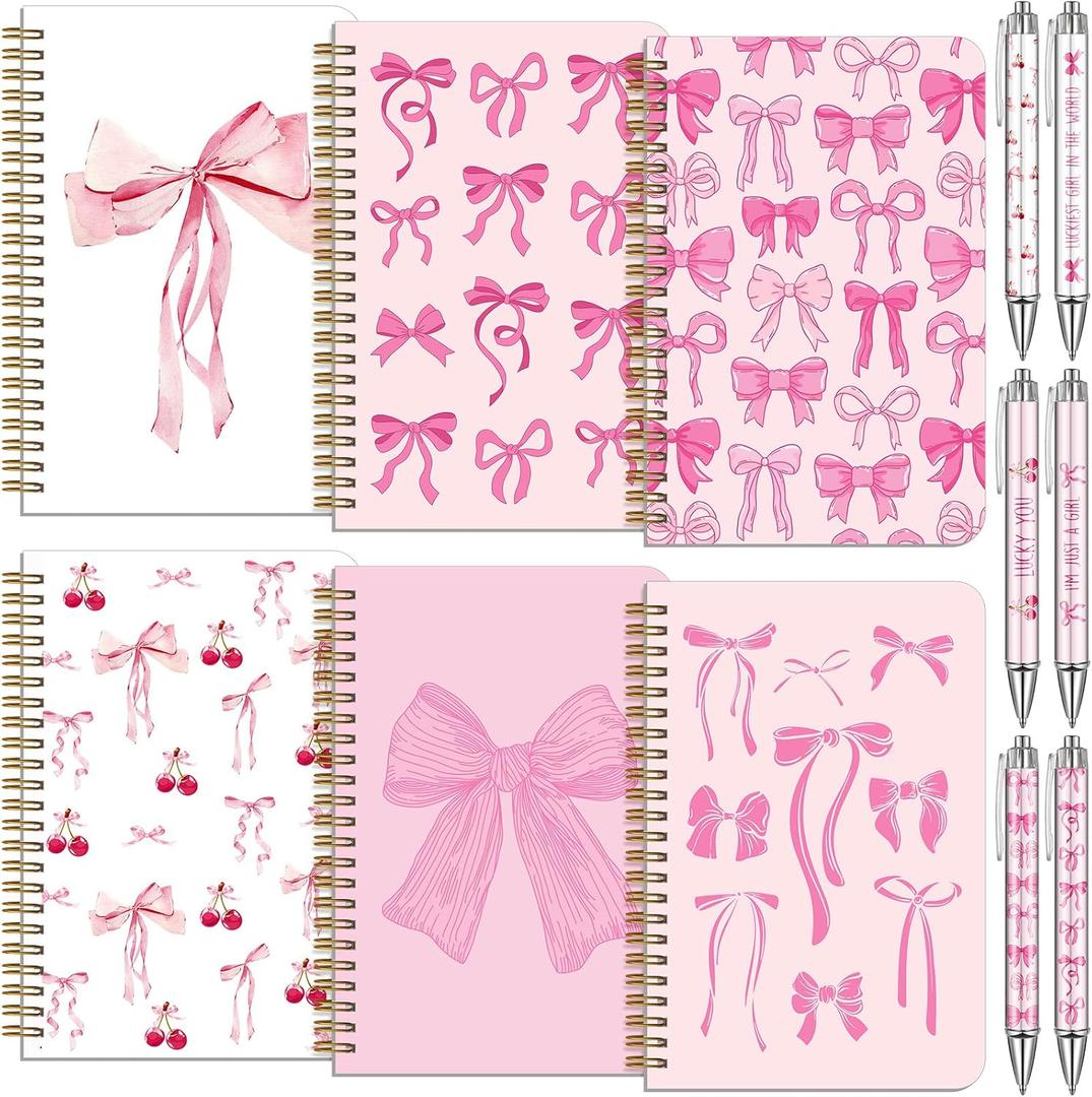 6 Pack A5 Pink Bow Spiral Notebooks Coquette Bow Preppy Journal Cute Aesthetic Hardcover Ruled Notebooks with Ballpoint Pens for Office School Day Classroom Prize, 5. 8 x 8. 3 Inch