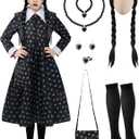 Spooktacular Creations Girls Halloween Black Costume, Black Floral Print Dress with Wig and Stocks for Kids Halloween Dress ((Small(5-7 yrs)))