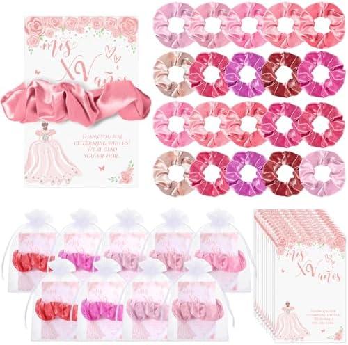 Thiccywoov 50 Sets Pink Quinceanera Party Favors for Guests Quinceanera Gifts bulk Include 50 Scrunchies 50 Thank You Card 50 Organza Bags for 15 Years Old Sweet 15 Years Birthday