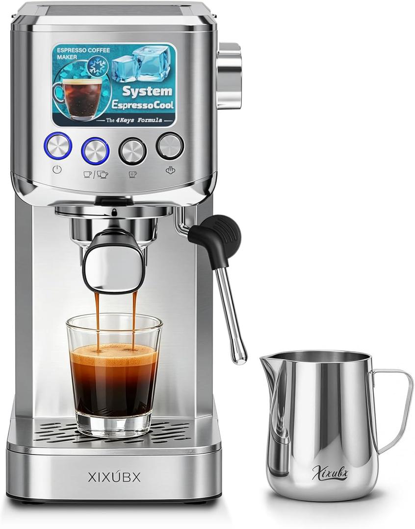 XIXUBX 20 Bar Espresso & Cold Brew Coffee Maker with Milk Frother, 42oz Removable Tank, Stainless Steel, Perfect for Cappuccino, Latte, Home & Office, Brushed Silver