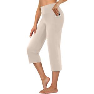 DLOODA Capri Pants for Women High Waist Cropped Yoga Pants Straight Leg Athletic Workout Leggings with Pockets Khaki, M