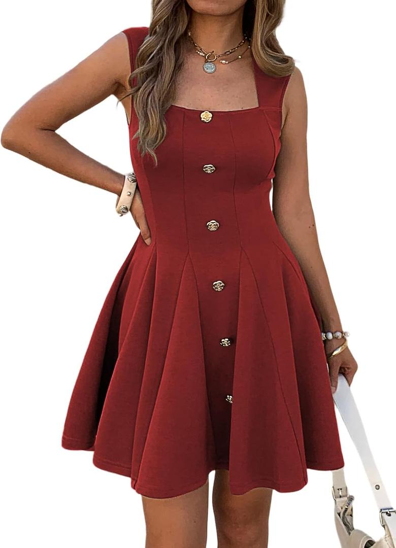Summer Dresses for Women Square Neck Sleeveless A Line Business Casual Work Office Cocktail Dress with Pockets (Blue, S)
