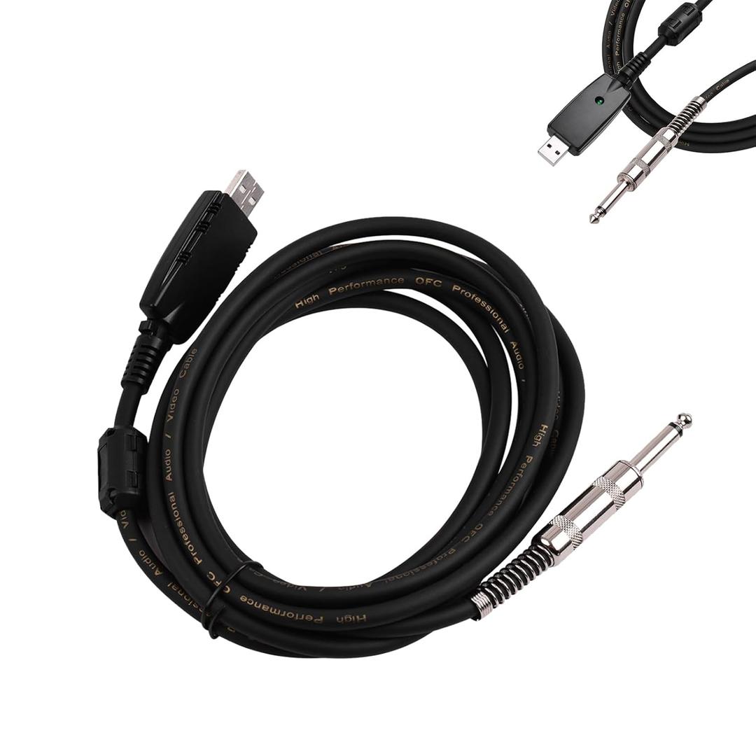 USB to 6.35mm Instrument Cable 2.8m, 16bit 48kHz Guitar Link Cable for PC Laptop, Plug and Play No Driver Needed, for Electric Guitar Bass Recording Practice with Recording Software
