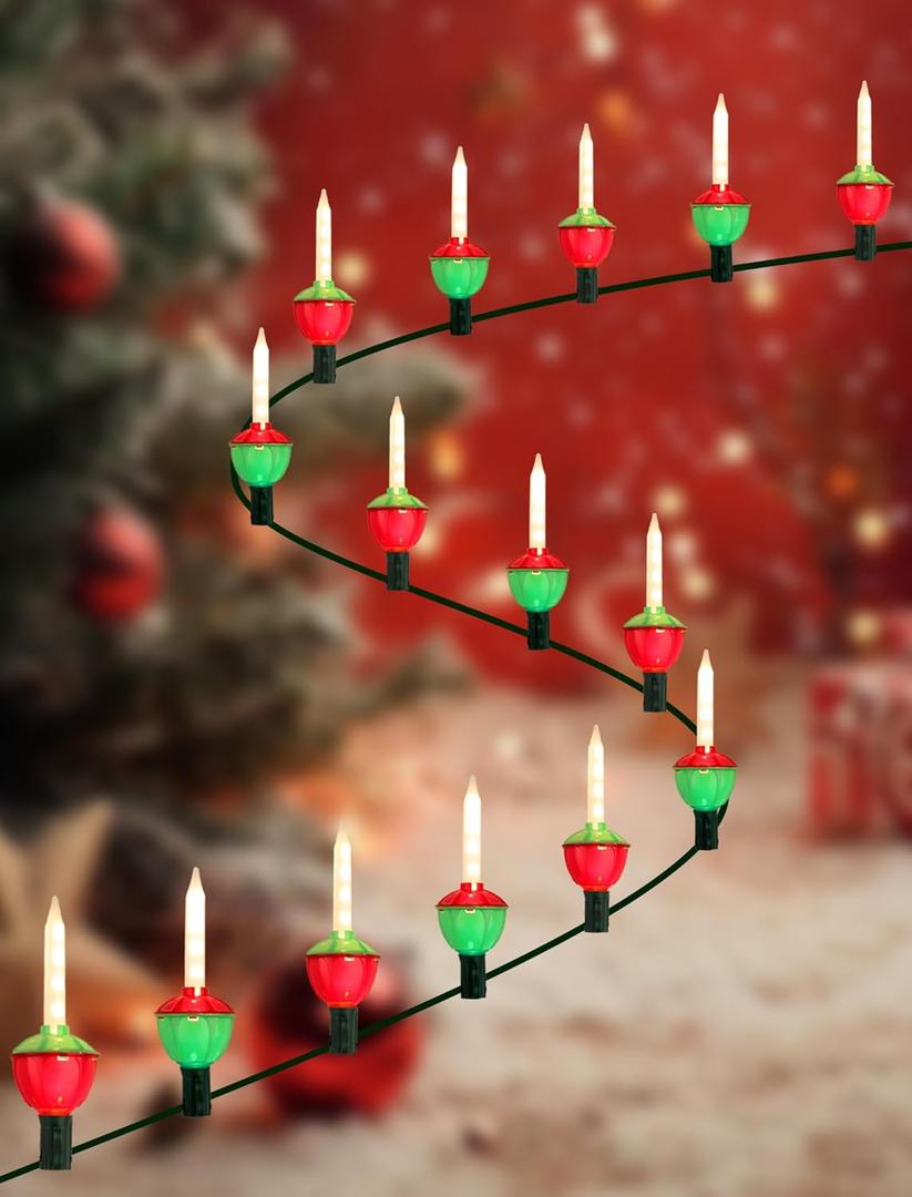 LED Retro Christmas Bubble Lights - 15.5ft, 15-Light String with Classic Bubbling Effect, Energy Efficient & Cool-Touch Safety - Vintage Style Christmas Tree Lights for Indoor Holiday Decor (Green Wire, Red & Green Base, Clear Bulb)