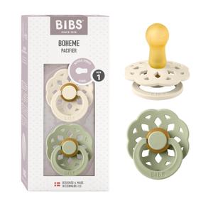 BIBS Pacifiers - Boheme Collection | BPA-Free Round Nipple | Nautral Rubber Latex | Made in Denmark | Set of 2 Ivory/Sage Color Premium Soothers | Size 0-6 Months