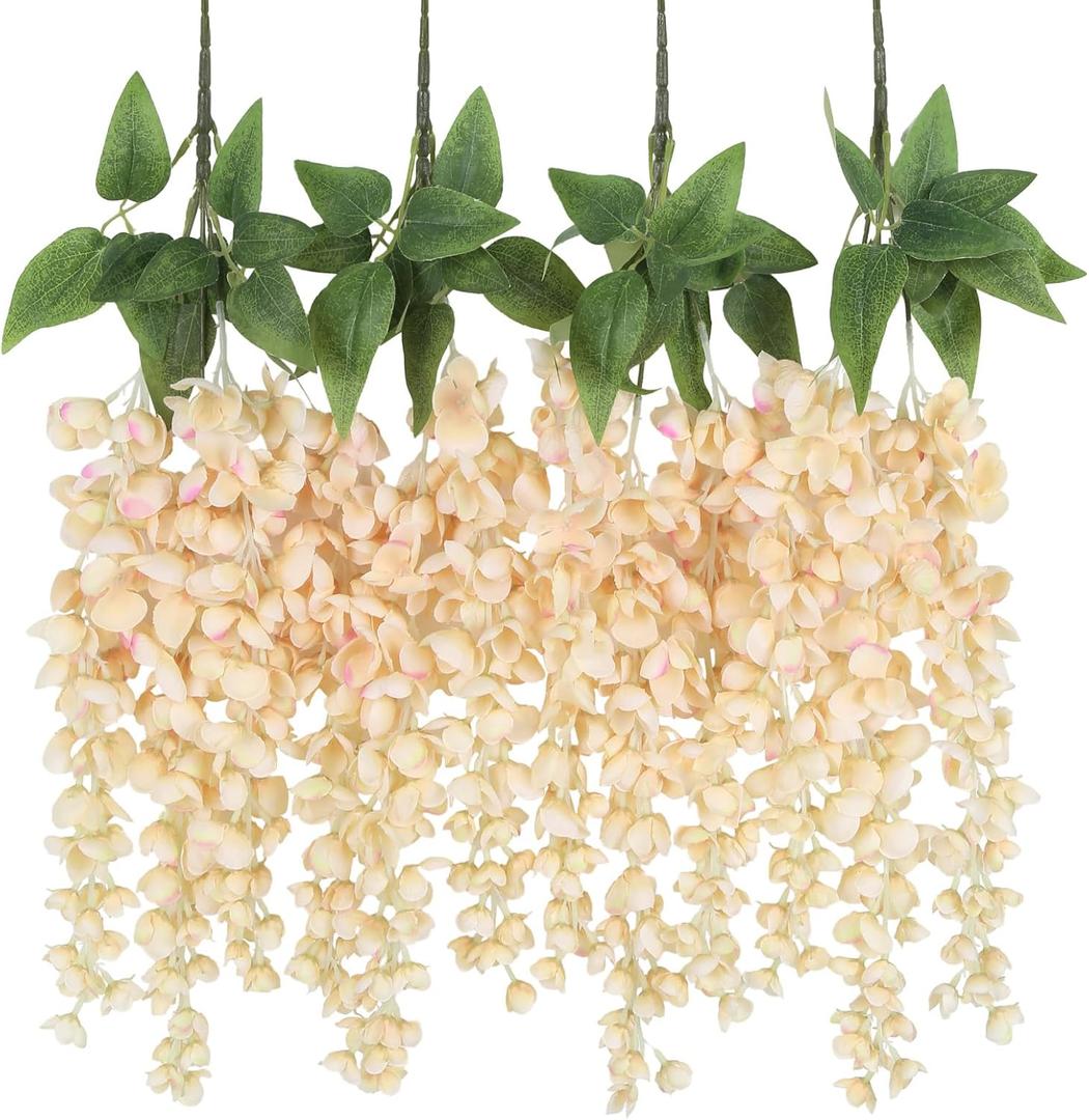 IPOPU Champagne Fake Silk Wisteria Flower 4PCS Artificial Wisteria Hanging Flowers Outdoors 23.6inch Faux Hanging Flower for DIY Outdoors Wedding Wall Arch Party Decor(Champagne)