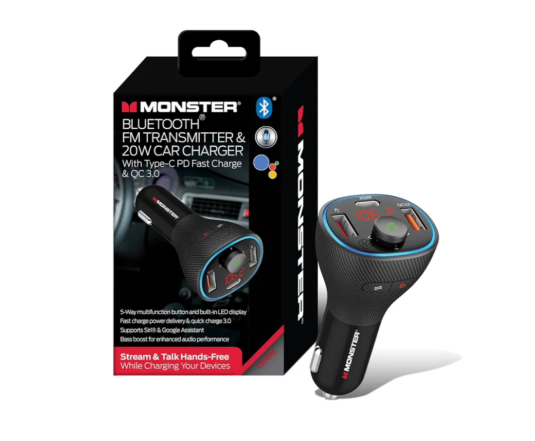 Monster Bluetooth FM Transmitter for Car Cigarette Lighter with 20W QC3.0 USB A & USB C PD Charger, Bass Boost Button, Flash Drive Port, Google Voice & Siri Compatible, Hands-Free Calls, Microphone