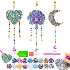 Diamond Art Kits for Kids Ages 6-12: Birthday Gifts for 7 8 9 10 Year Old Girls Teens Creative Arts & Crafts for Girls Boys DIY Wind Chime & Suncatcher Craft Kit Crystal Window Garden Decor Kit (3pcs-02)
